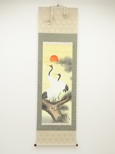 JAPANESE HANGING SCROLL / HAND PAINTED / PAIRED CRANES 